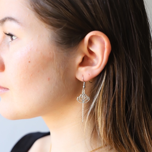 Silver Lotus Drop Earrings - Picture 2 of 4